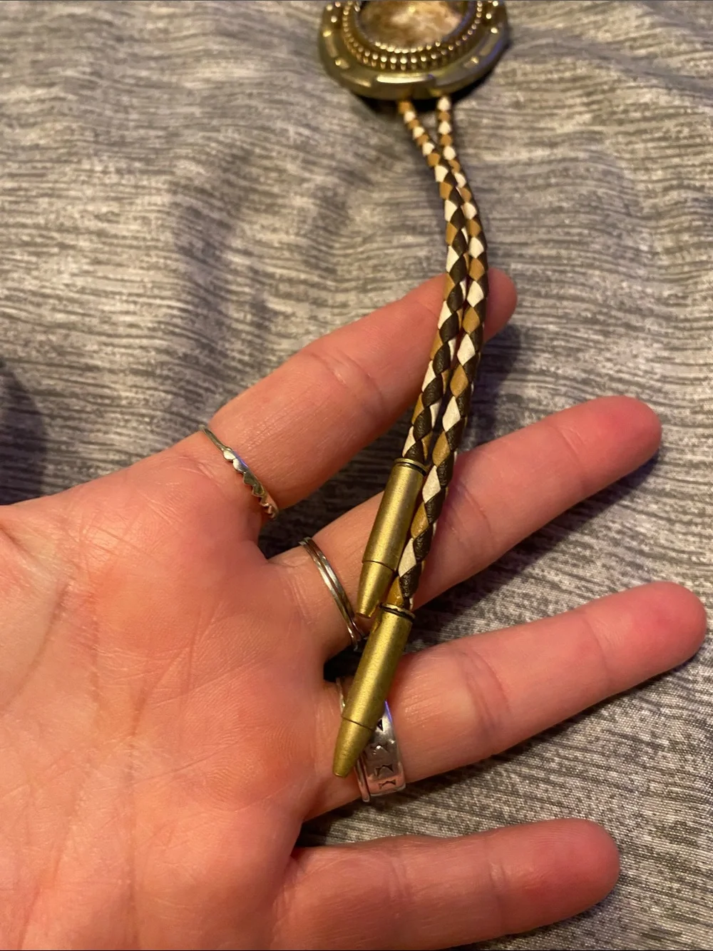 Horseshoe & Stone Bolo Tie w/ Woven Leather & Gold Tone Accents Western Bolo